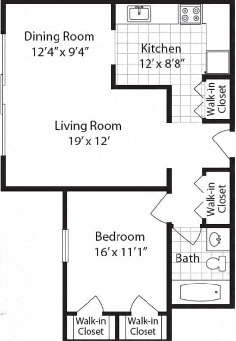 Floor plan for 1 bed, 1 bath, 902 sqft